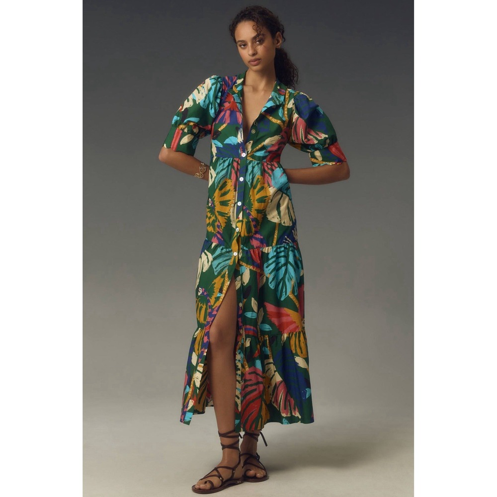 Farm Rio x Anthropologie Printed Maxi Shirt Dress Multicolor Parrot Floral Large
